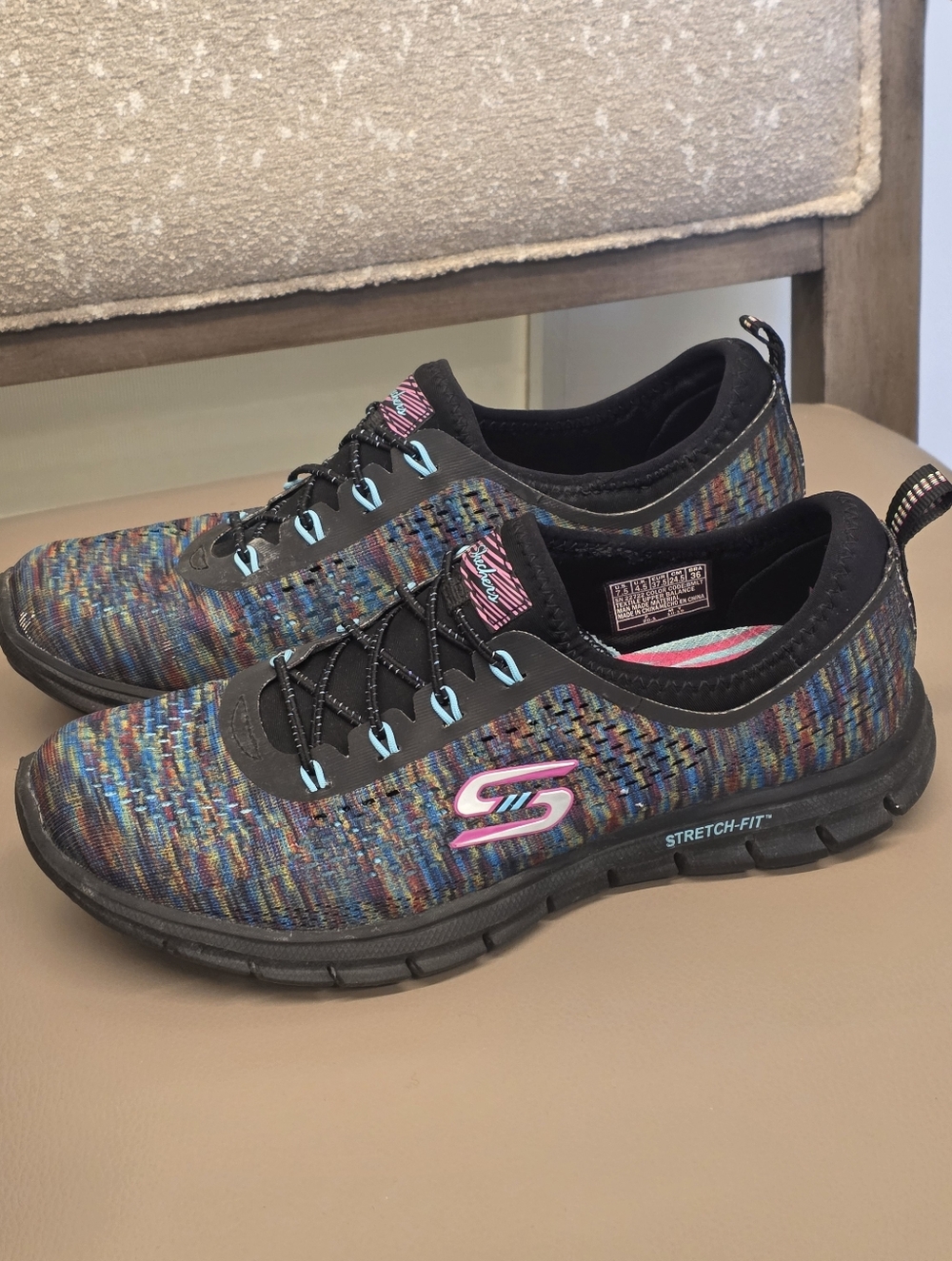 Women"s Skechers Stretch-Fit Sneakers Teal Pink Black Multi